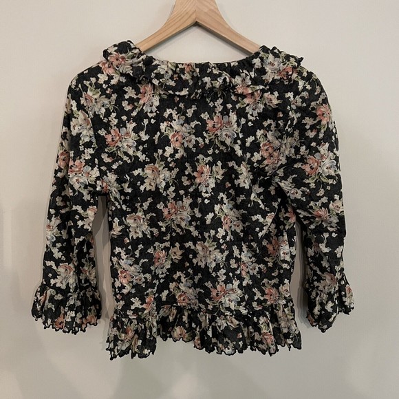 Lauren Ralph Lauren Floral Ruffle Button Up Blouse Size Medium Gray Pink - Picture 2 of 5